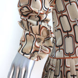 Alexis Cosi Long Sleeve Pleated Mini Dress Beige Link Print Satin Size Small