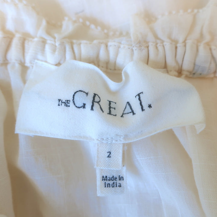 THE GREAT Floral-Embroidered Top Ecru Cotton Size 2 Short Sleeve Blouse