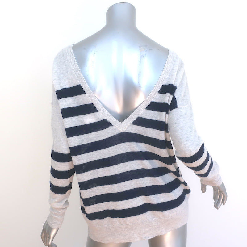 360 Cashmere V-Back Pullover Sweater Light Gray/Navy Striped Size Small NEW
