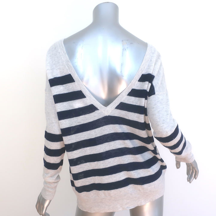 360 Cashmere V-Back Pullover Sweater Light Gray/Navy Striped Size Small NEW