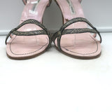 Authentic Manolo Blahnik lizard-skin ankle-strap sandals in cream and black, pre-owned luxury pair, size EU 38.5