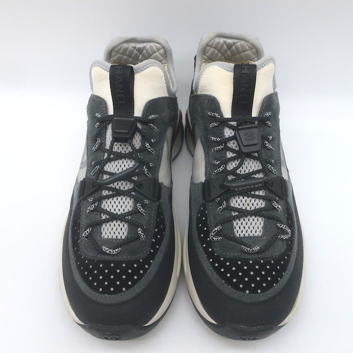Chanel 22B CC Quilted-Heel Mixed Media Low Top Sneakers Black/Gray Size 35.5