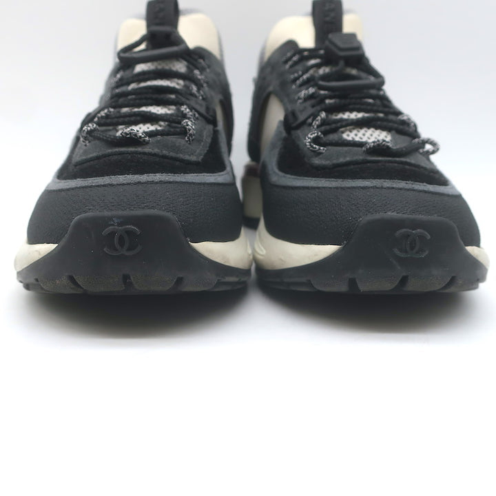 Chanel 22B CC Quilted-Heel Mixed Media Low Top Sneakers Black/Gray Size 35.5
