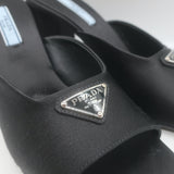 Prada Triangle Logo Sandals Black Satin Size 37 High Heel Slides