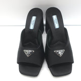 Prada Triangle Logo Sandals Black Satin Size 37 High Heel Slides