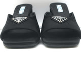 Prada Triangle Logo Sandals Black Satin Size 37 High Heel Slides