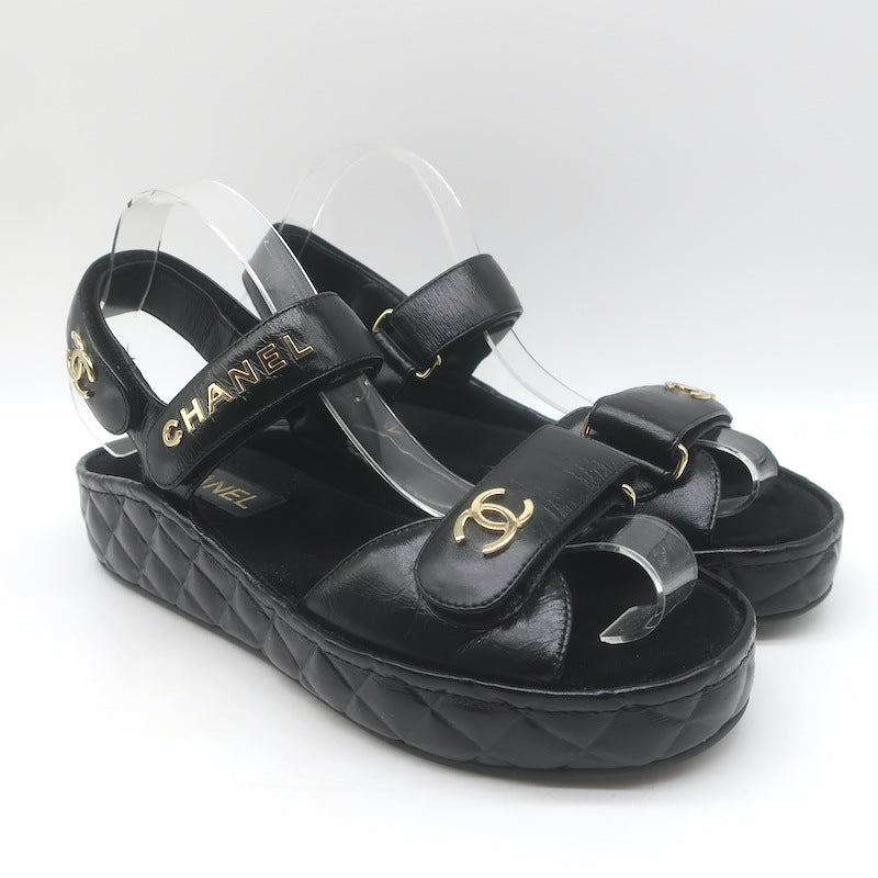 Chanel CC Quilted-Platform Dad Sandals Black Shiny Calfskin Leather Size 38
