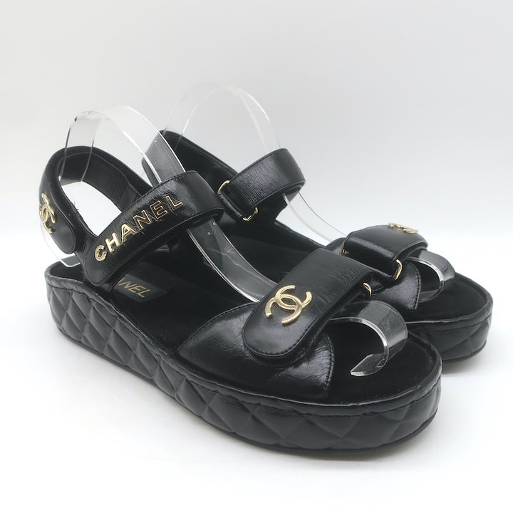 Chanel CC Quilted-Platform Dad Sandals Black Shiny Calfskin Leather Size 38