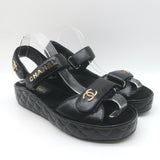 Chanel CC Quilted-Platform Dad Sandals Black Shiny Calfskin Leather Size 38