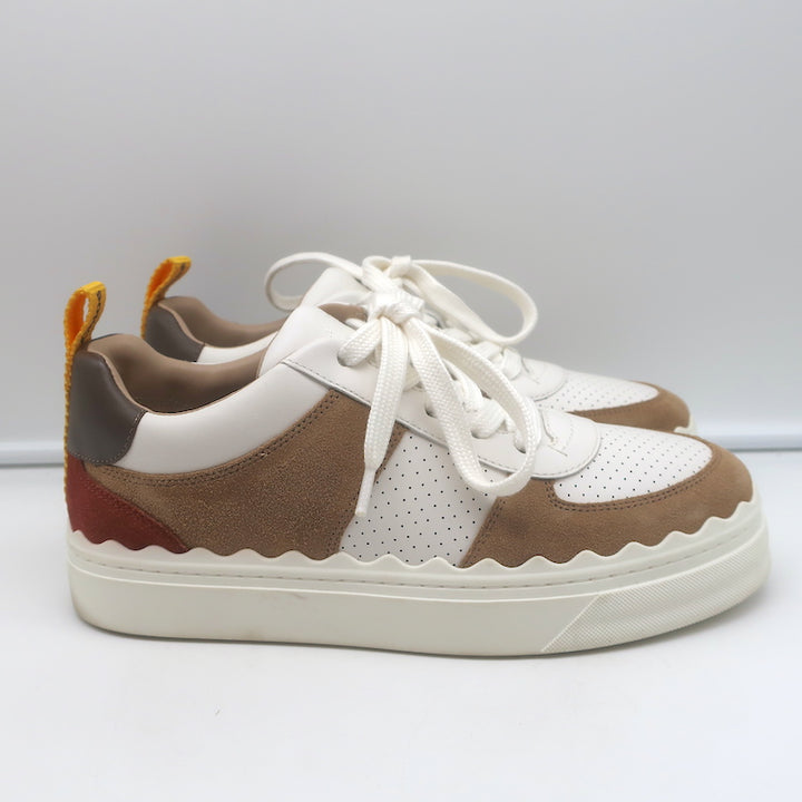 See by Chloe Lauren Low Top Sneakers White Leather &amp; Brown Suede Size 39