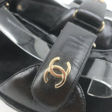Chanel CC Quilted-Platform Dad Sandals Black Shiny Calfskin Leather Size 38