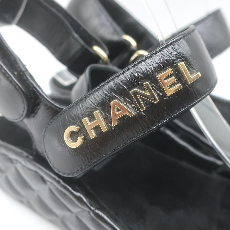 Chanel CC Quilted-Platform Dad Sandals Black Shiny Calfskin Leather Size 38