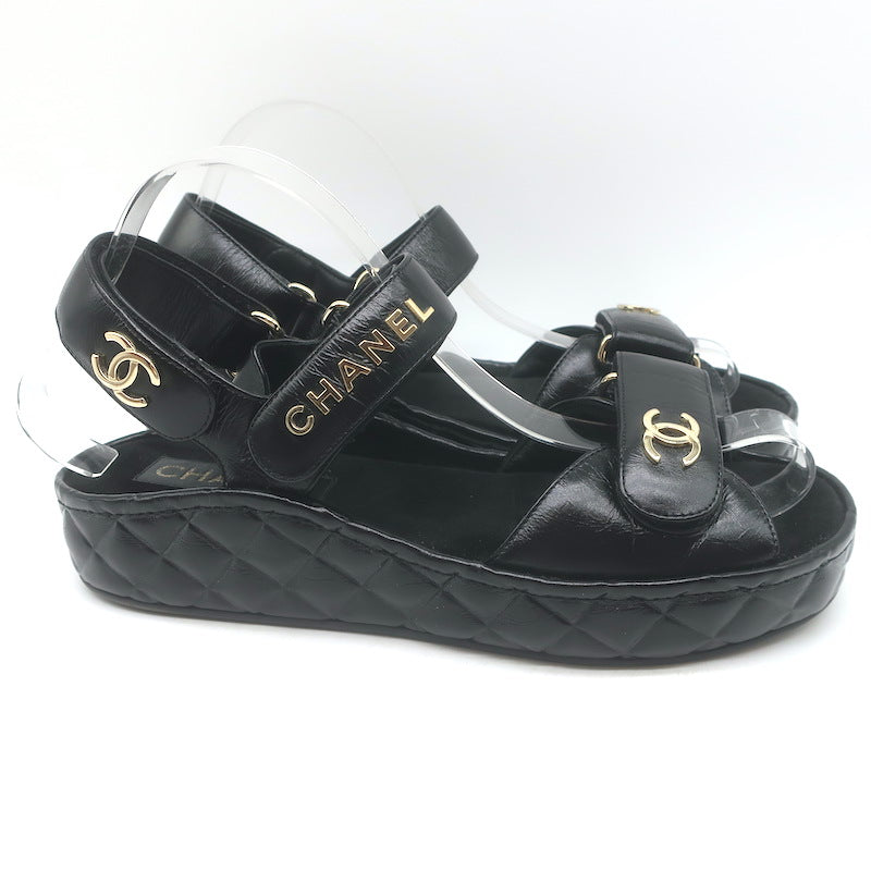 Chanel CC Quilted-Platform Dad Sandals Black Shiny Calfskin Leather Size 38