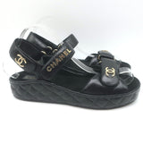 Chanel CC Quilted-Platform Dad Sandals Black Shiny Calfskin Leather Size 38