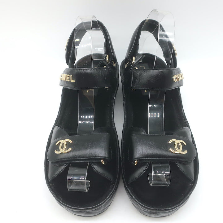 Chanel CC Quilted-Platform Dad Sandals Black Shiny Calfskin Leather Size 38