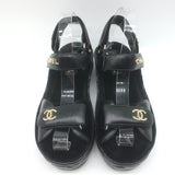 Chanel CC Quilted-Platform Dad Sandals Black Shiny Calfskin Leather Size 38