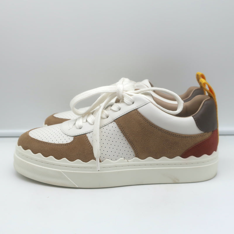 See by Chloe Lauren Low Top Sneakers White Leather &amp; Brown Suede Size 39