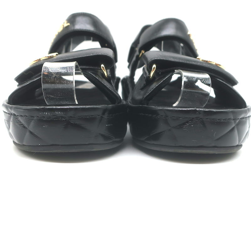 Chanel CC Quilted-Platform Dad Sandals Black Shiny Calfskin Leather Size 38