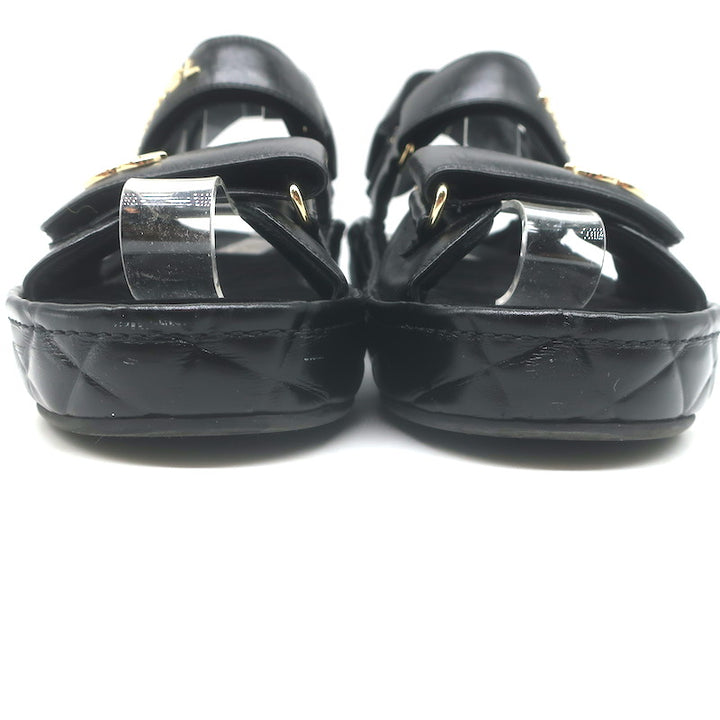 Chanel CC Quilted-Platform Dad Sandals Black Shiny Calfskin Leather Size 38