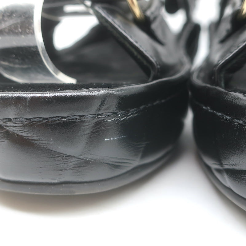 Chanel CC Quilted-Platform Dad Sandals Black Shiny Calfskin Leather Size 38