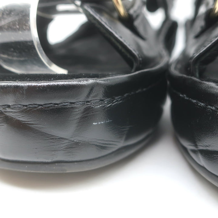 Chanel CC Quilted-Platform Dad Sandals Black Shiny Calfskin Leather Size 38