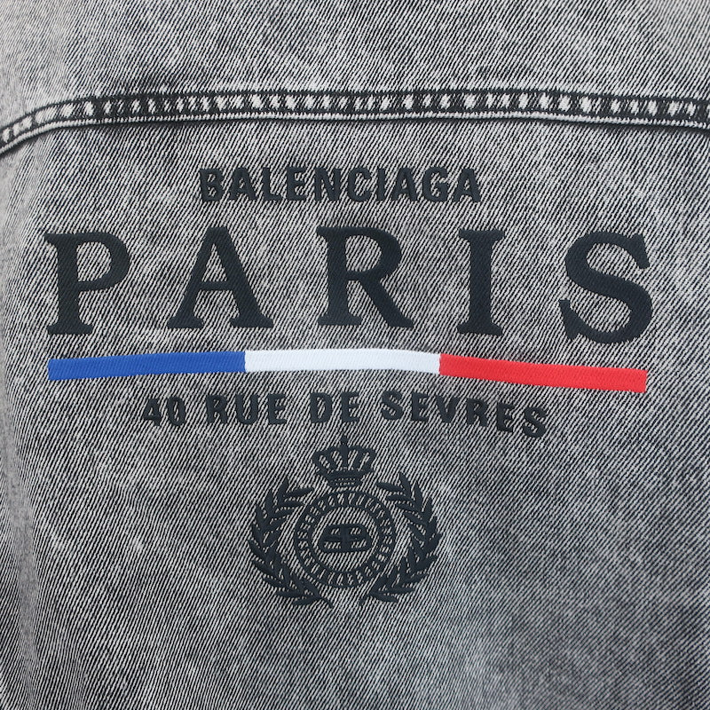 Balenciaga Paris Flag Embroidered Denim Jacket Gray Cotton Size 36 Unisex