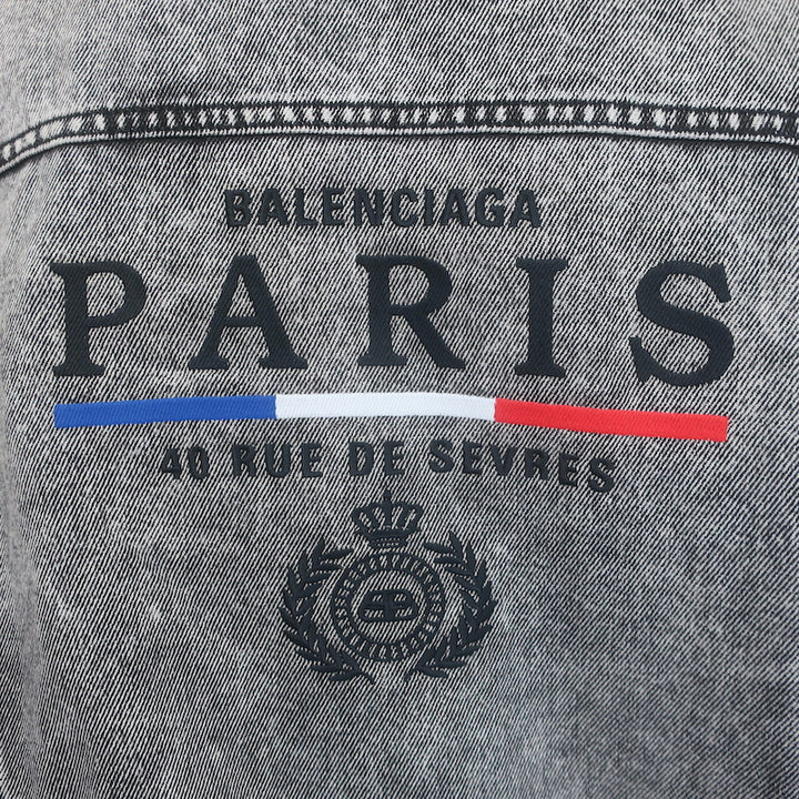 Balenciaga Paris Flag Embroidered Denim Jacket Gray Cotton Size 36 Unisex