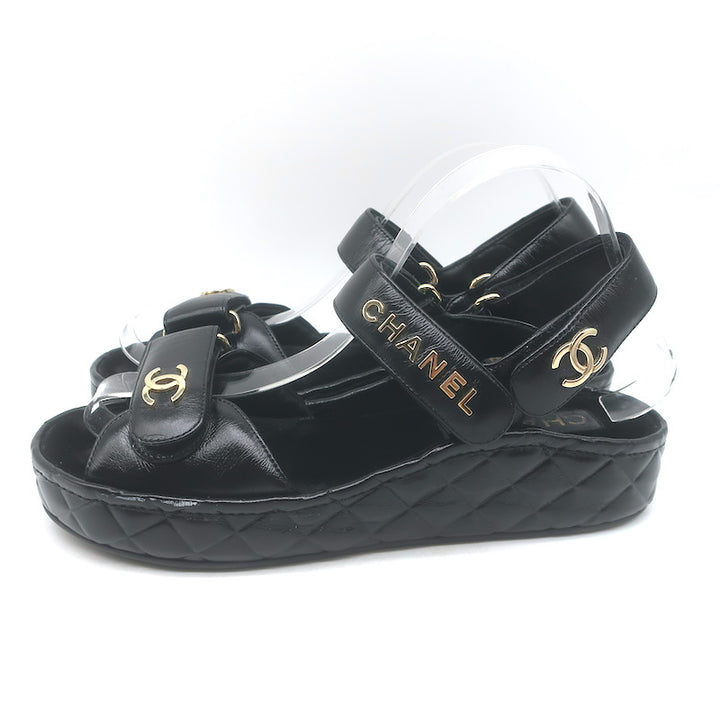 Chanel CC Quilted-Platform Dad Sandals Black Shiny Calfskin Leather Size 38