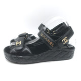 Chanel CC Quilted-Platform Dad Sandals Black Shiny Calfskin Leather Size 38
