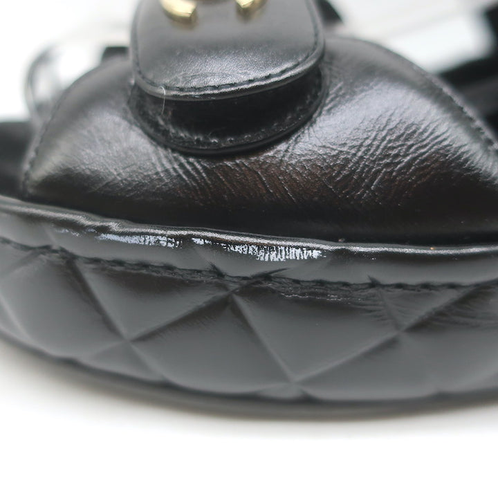 Chanel CC Quilted-Platform Dad Sandals Black Shiny Calfskin Leather Size 38