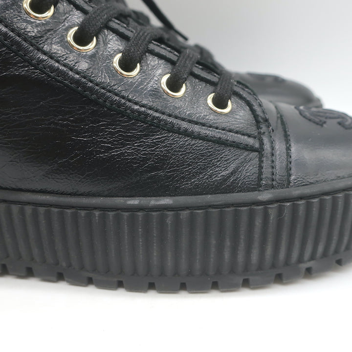 Chanel Platform High Top Sneakers Black Leather Size 38