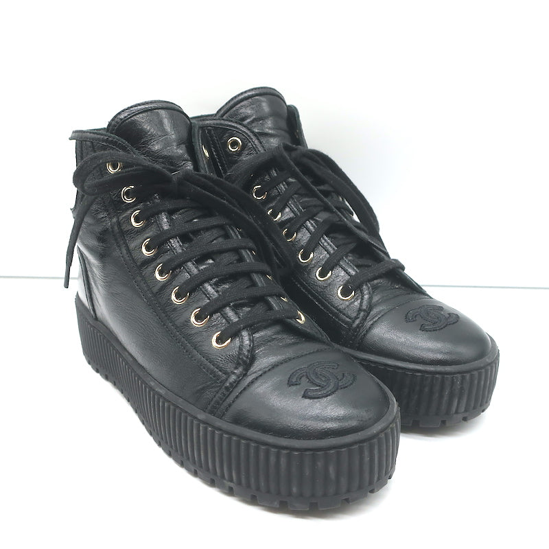 Chanel Platform High Top Sneakers Black Leather Size 38