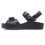 Chanel CC Quilted-Platform Dad Sandals Black Shiny Calfskin Leather Size 38