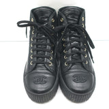 Chanel Platform High Top Sneakers Black Leather Size 38