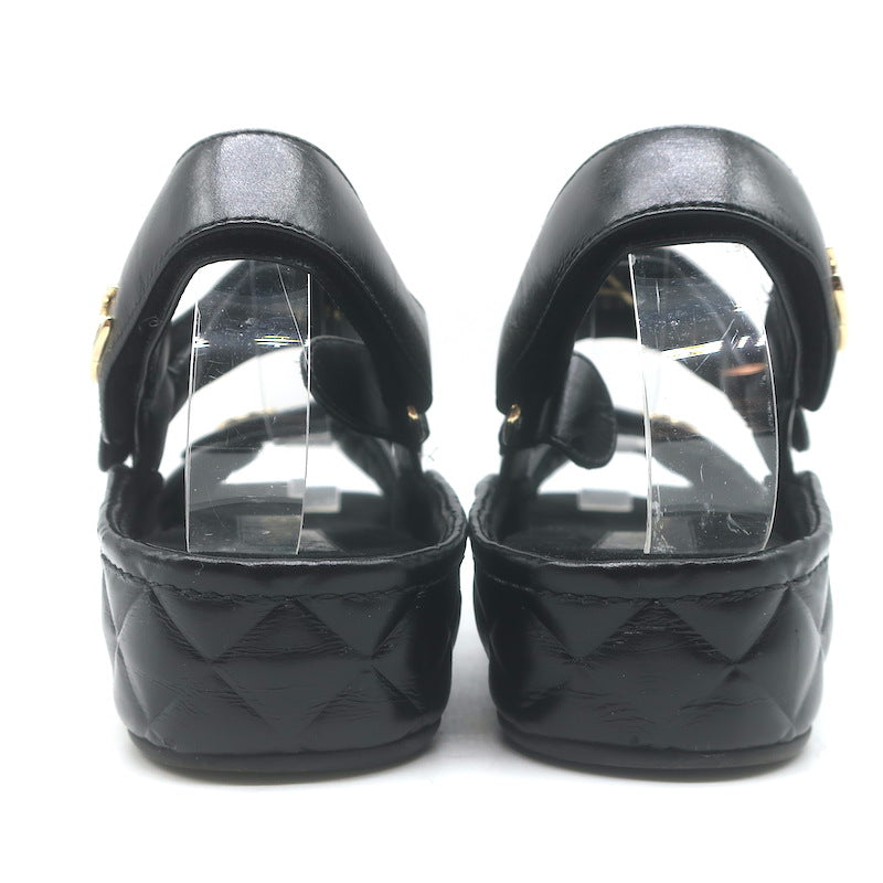 Chanel CC Quilted-Platform Dad Sandals Black Shiny Calfskin Leather Size 38