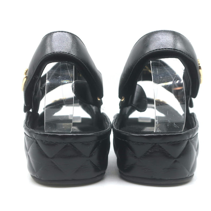 Chanel CC Quilted-Platform Dad Sandals Black Shiny Calfskin Leather Size 38