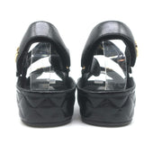 Chanel CC Quilted-Platform Dad Sandals Black Shiny Calfskin Leather Size 38