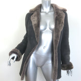 Authentic Charles Chang-Lima shearling jacket, dark gray with brown trim, pre-owned luxury piece, size Small