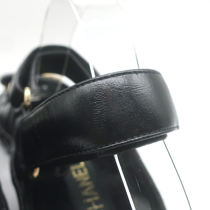Chanel CC Quilted-Platform Dad Sandals Black Shiny Calfskin Leather Size 38