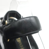 Chanel CC Quilted-Platform Dad Sandals Black Shiny Calfskin Leather Size 38
