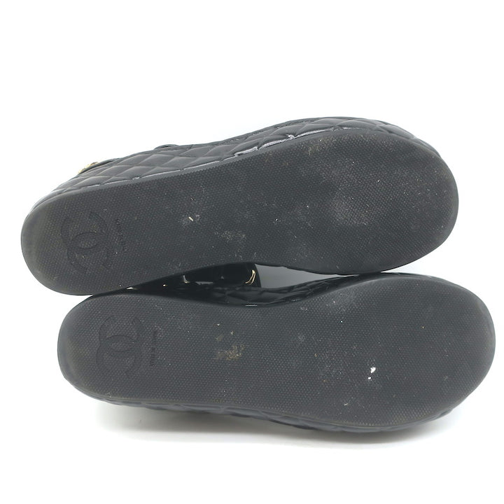 Chanel CC Quilted-Platform Dad Sandals Black Shiny Calfskin Leather Size 38