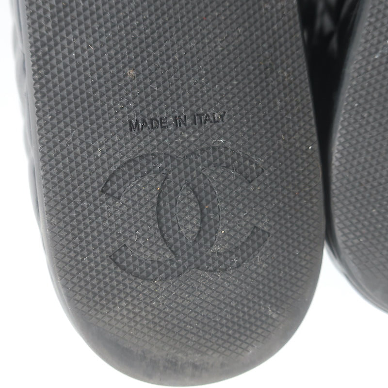 Chanel CC Quilted-Platform Dad Sandals Black Shiny Calfskin Leather Size 38