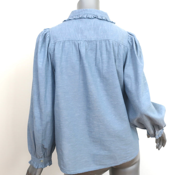 THE GREAT Hemingway Ruffle Collar Top Light Chambray Size 1 Long Sleeve Blouse