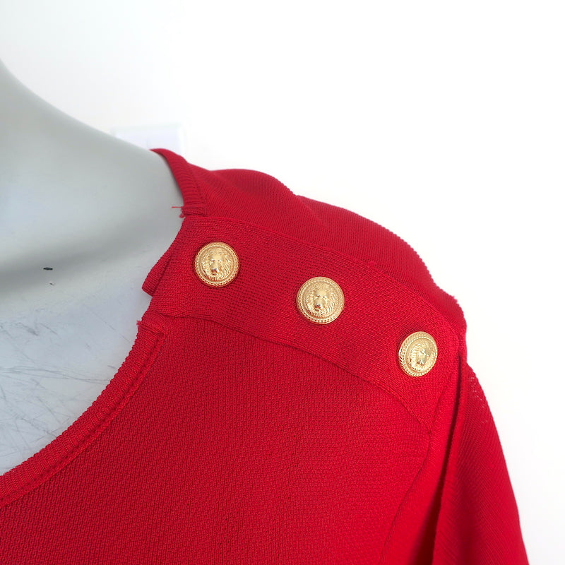 Balmain Button-Shoulder Ruffle Sleeve Tunic Top Red Jersey Size 42 NEW