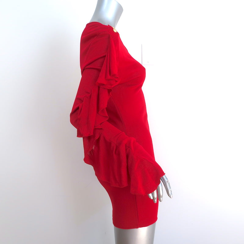 Balmain Button-Shoulder Ruffle Sleeve Tunic Top Red Jersey Size 42 NEW