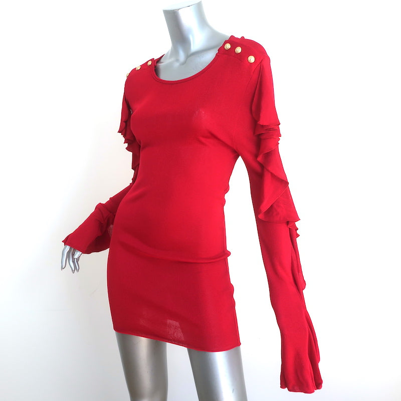 Balmain Button-Shoulder Ruffle Sleeve Tunic Top Red Jersey Size 42 NEW