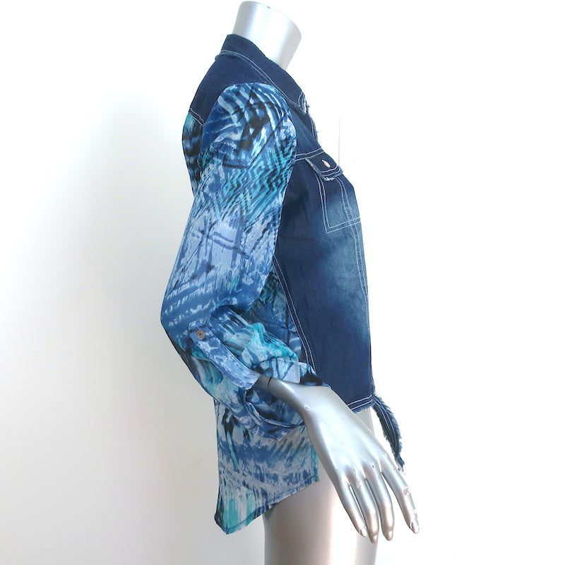 Alberto Makali Button Down Shirt Blue Denim &amp; Printed Crepe Size Medium