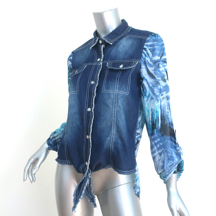 Alberto Makali Button Down Shirt Blue Denim &amp; Printed Crepe Size Medium