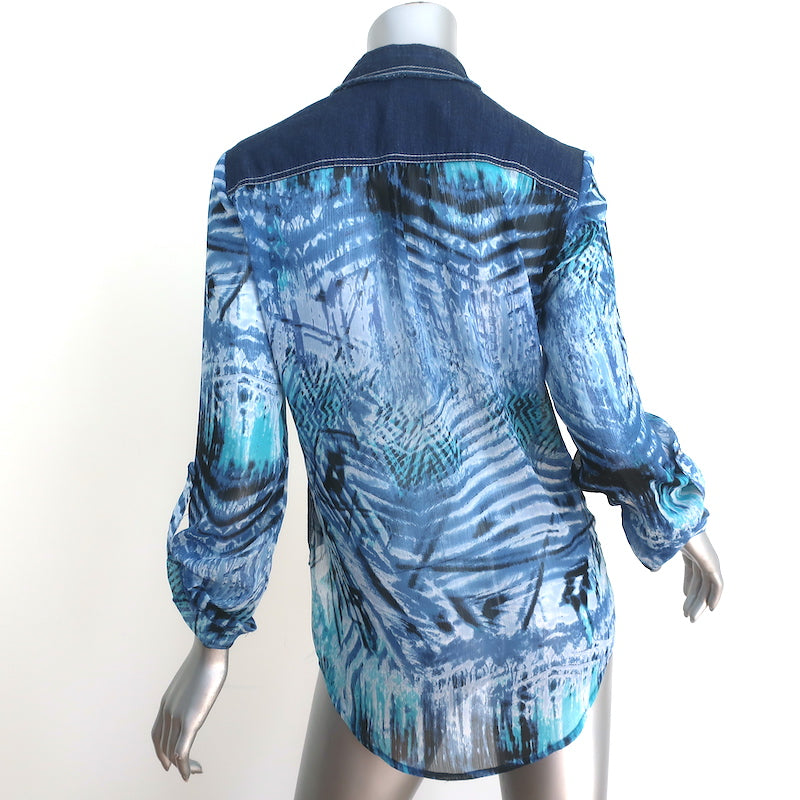 Alberto Makali Button Down Shirt Blue Denim &amp; Printed Crepe Size Medium