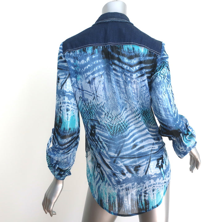 Alberto Makali Button Down Shirt Blue Denim &amp; Printed Crepe Size Medium